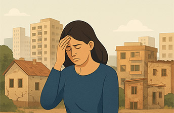 Woman figure with a city landscape on background