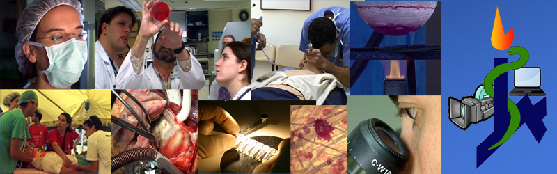 סמל הפקולטה לרפואה משולב עם מצלמת וידאו ועוד 10 תמונות קטנות מעולם הרפואה ניתוח ובדיקות של רופאים